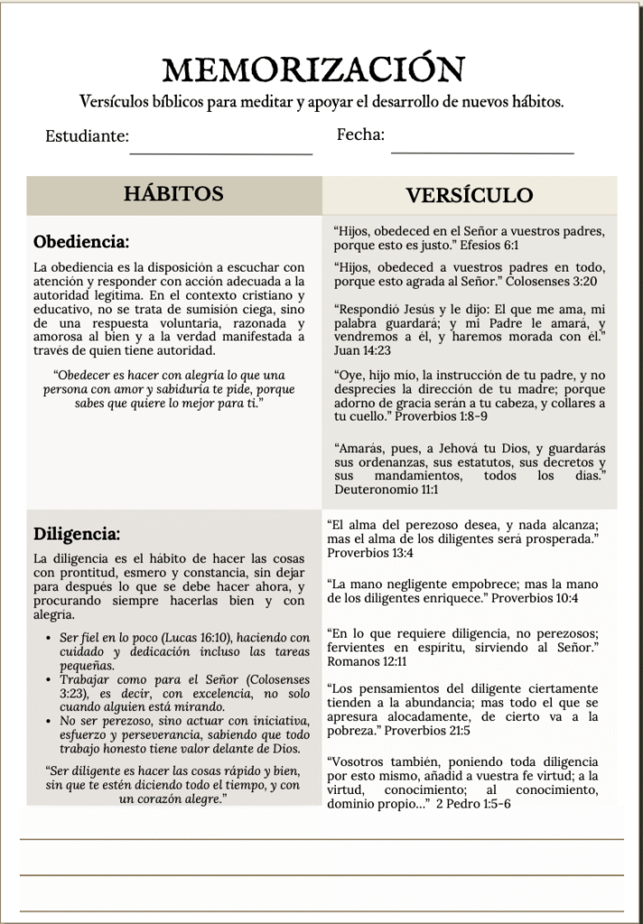 Memorización de versículos para obediencia y diligencia